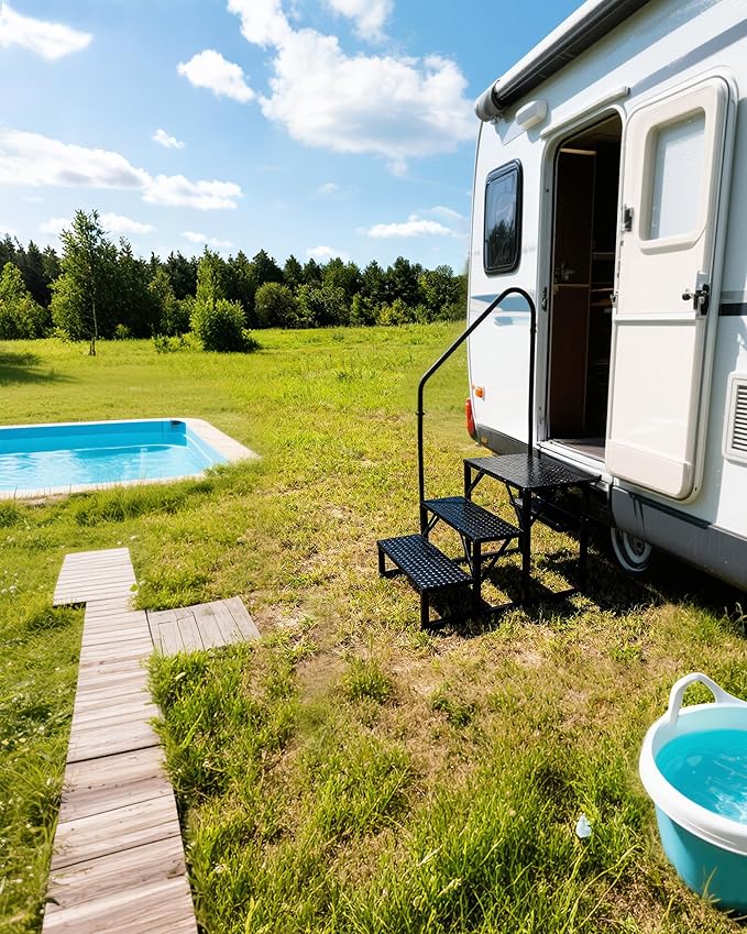 3 Step RV Steps｜Pool Ladder with Handrail｜Update 3.0 Outdoor RV Stair with Anti-Slip Pedals｜RV Ladders for Travel Trailers｜Heavy Duty Mobile Home Steps for Camper, Porch, Spa