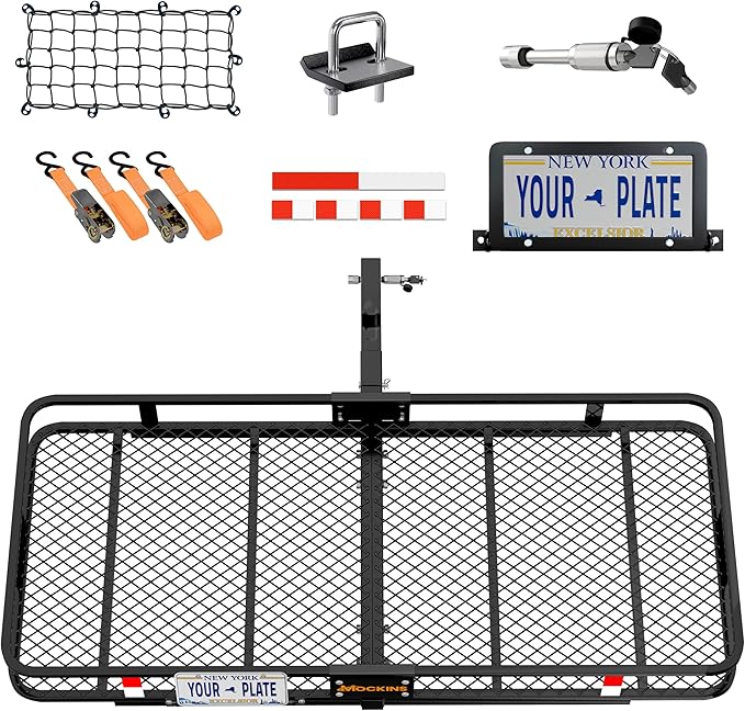 Mockins 60"x24"x6" XL Heavy Duty Trailer Hitch Cargo Carrier | 500 Lbs. Cap Luggage Rack for SUV Car Truck | Steel Hitch Rack Cargo Carrier Set w/License Plate Bracket, Straps, Stabilizer, Lock & Net