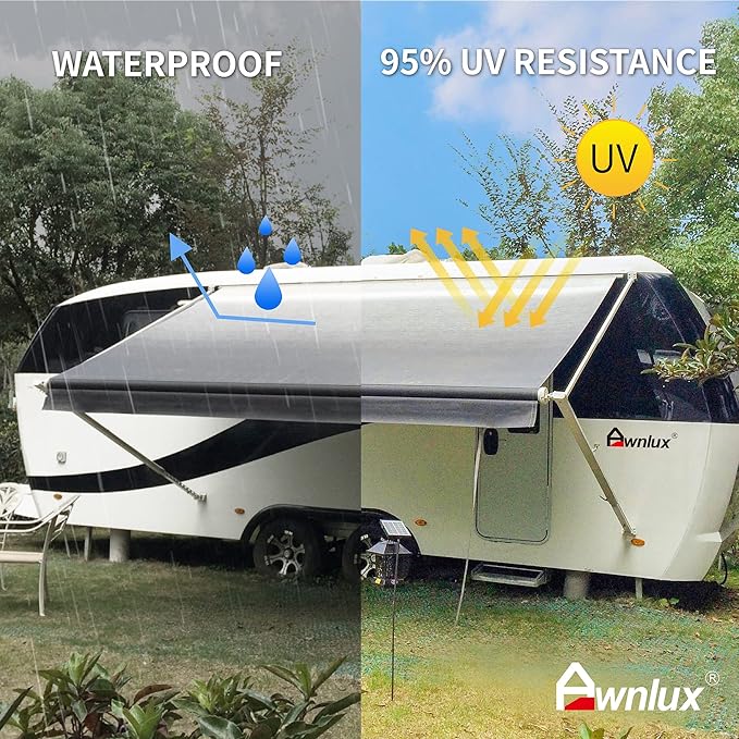 Awnlux White Manual Modular Retractable RV Awning Full Set Assemblies for RV, 5th Wheel, Travel Trailers, Toy Haulers, and Motorhome - RV Trailer Awning for Home or Camper - 11x8 Ft - Grey Fade