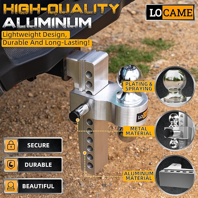 LOCAME Adjustable Trailer Hitch, Fits 2-Inch Receiver Only, 10-Inch Drop/Rise Aluminum Drop Hitch, 12,500 LBS GTW-Tow Hitch for Heavy Duty Truck with Double Stainless Steel Locks, Silver, LC0005