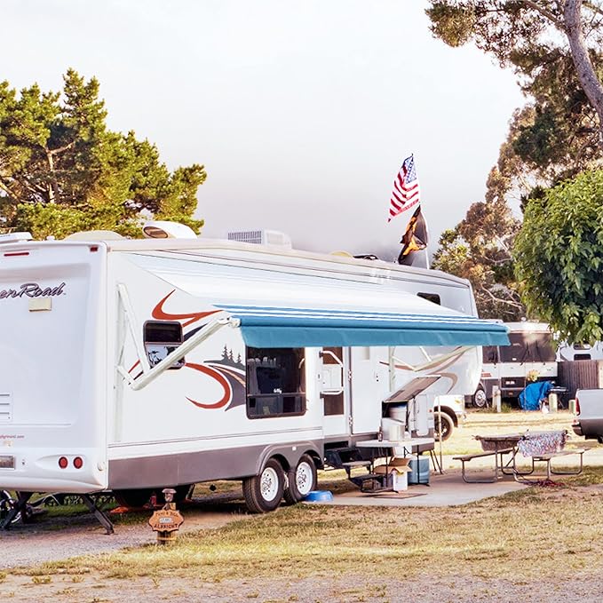 Awnlux White Motorized Modular Retractable RV Awning Full Set Assemblies for RV, 5th Wheel, Travel Trailers, Toy Haulers, and Motorhome - RV Trailer Awning for Home or Camper - 19x8 Ft - Blue Strip