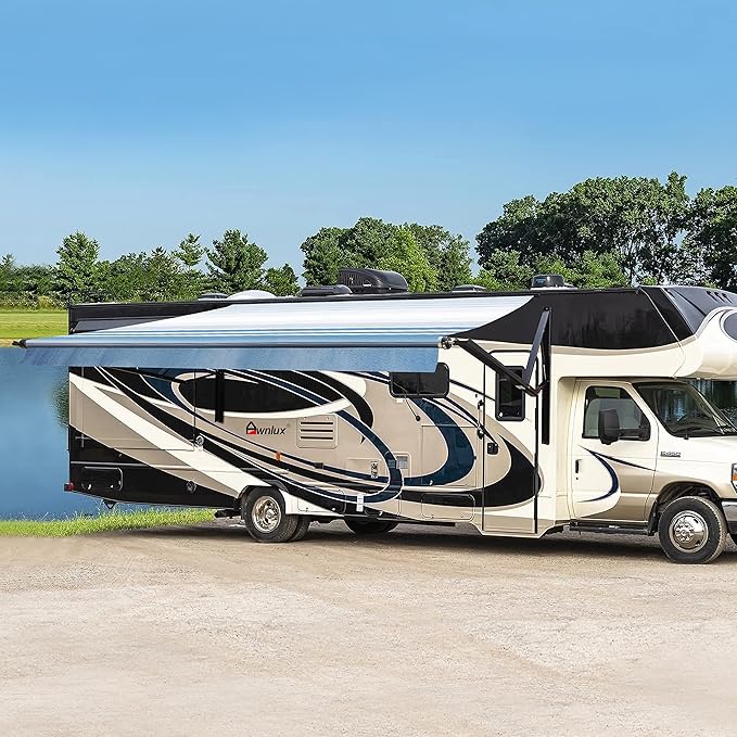 Awnlux Black Motorized Modular Retractable RV Awning Full Set Assemblies for RV, 5th Wheel, Travel Trailers, Toy Haulers, and Motorhome - RV Trailer Awning for Home or Camper - 13x8 Ft - Blue Strip