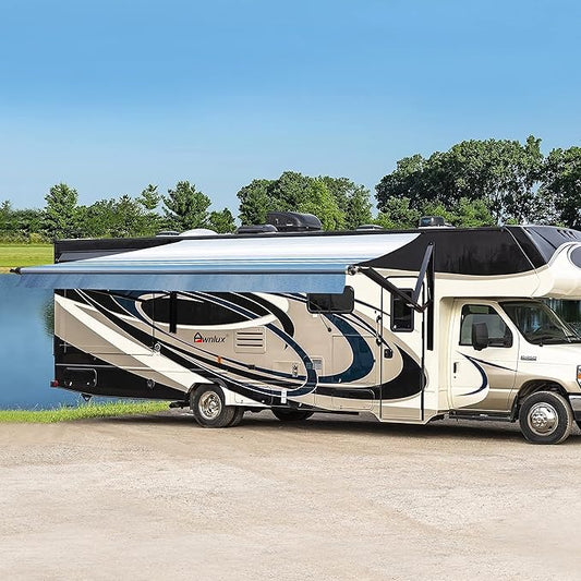 Awnlux Black Motorized Modular Retractable RV Awning Full Set Assemblies for RV, 5th Wheel, Travel Trailers, Toy Haulers, and Motorhome-RV Trailer Awning for Home or Camper-12x8 Ft-Blue Strip
