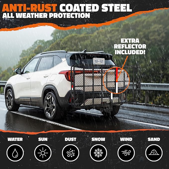 Mockins XXL 72"x36"x6" Folding Trailer Hitch Cargo Carrier w/Rear Lights & License Plate Bracket | Weatherproof Steel Luggage Rack for SUV Car & Truck | 500Lbs. Cap Cargo Hitch Carrier w/Accessories