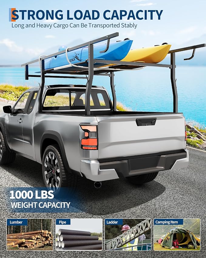 1000 LBS Adjustable Truck Bed Rack, Powder-Coated Steel Over-Cab Rack, 49-65 Inch Width Fit Long Cab/Full Size Trucks, Utility Rack for Ladder, Lumber, Kayak