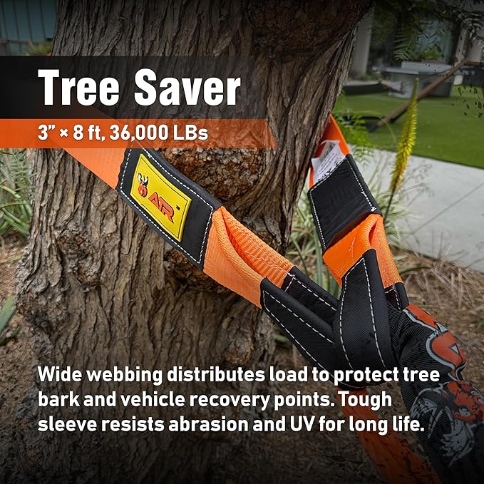 ATR Off-Road Recovery Kit – Tree Saver Strap 3.5”x8ft (36,000 lbs) + (2) ½”x24” Soft Shackles + Recovery Ring (66,000 lbs) – Heavy Duty Tow Strap Set for Truck, Jeep, SUV, 4x4, ATV