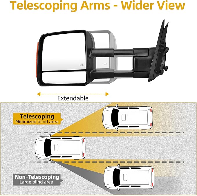 DWVO Towing Mirrors Compatible with Toyota Tundra 2007-2017, Power Heated Side Mirrors with Turn Signal, Manual Extending and Folding, Pair Replacement Tow Mirrors Set