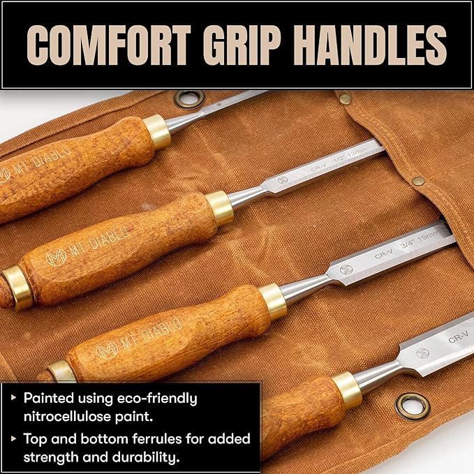 Mt Diablo Woodworking Tools 4 Piece Chisel Set - Premium CV60 Steel Wood Chisel Sets with Ergonomic Handles, Includes 1/4" 1/2" 3/4" 1" Widths - Ideal for Woodworkers - Durable Waxed Canvas Tool Roll