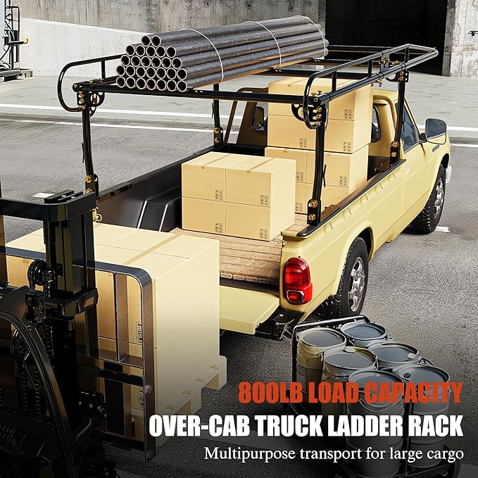 Universal Steel Over-Cab Truck Bed Rack Contractor Pickup Lumber Full Size Rack Adjustable for Kayak, Ladder, Surfboard, Lumber