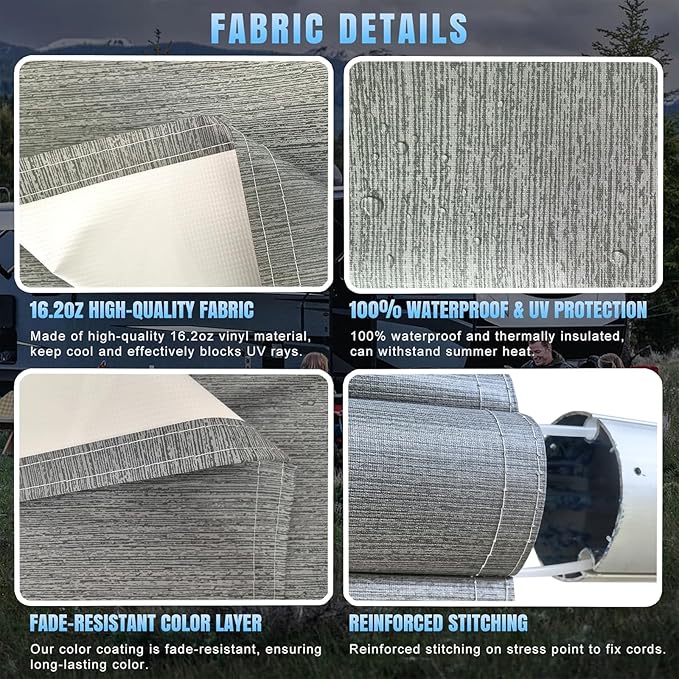 RV Awning Fabric Replacement,Camper Trailer Motorized Awning Replacement for Motorhome,Heavy Duty Weatherproof 18.5oz Outdoor Vinyl RV Canopy 19'(Fabric 18'2") Grey Fade