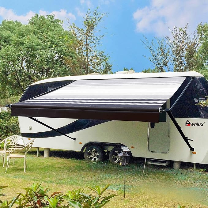 Awnlux Black Manual Modular Retractable RV Awning Full Set Assemblies for RV, 5th Wheel, Travel Trailers, Toy Haulers, and Motorhome - RV Trailer Awning for Home or Camper - 13x8 Ft - Black Strip