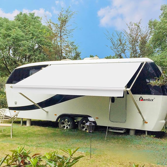 Awnlux White Manual Modular Retractable RV Awning Full Set Assemblies for RV, 5th Wheel, Travel Trailers, Toy Haulers, and Motorhome - RV Trailer Awning for Home or Camper - 13x8 Ft - Solid White