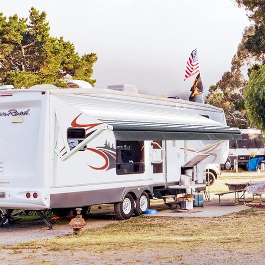 Awnlux White Motorized Modular Retractable RV Awning Full Set Assemblies for RV, 5th Wheel, Travel Trailers, Toy Haulers, and Motorhome-RV Trailer Awning for Home RV Awning Kit-17x8 Feet-Black Strip