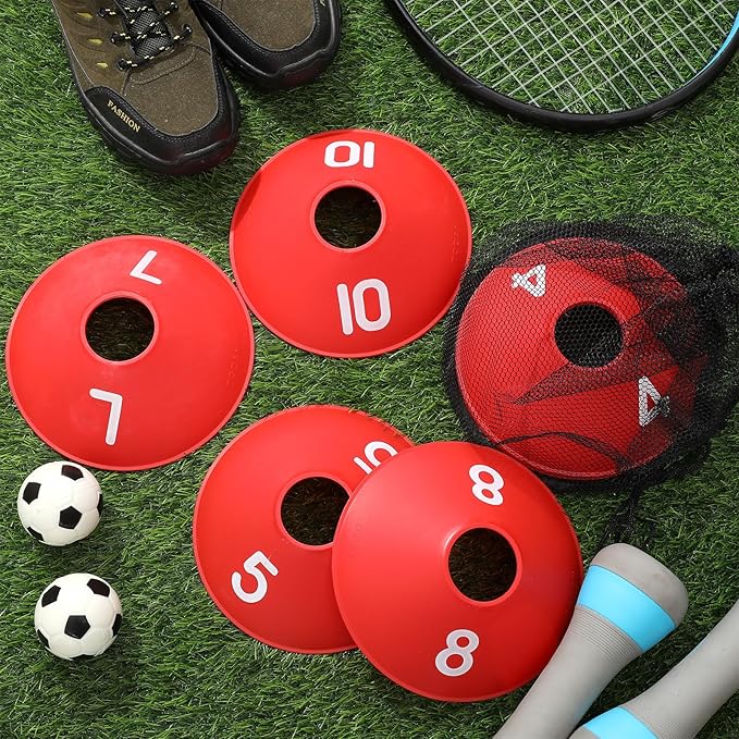 10 Pcs Numbered Sports Disc Cones 1-10 Soccer Cones with Mesh Carry Bag Flexible Agility Cones Soft Field Cones for Gym PE Classes School Activities Games, Sports Training Equipment