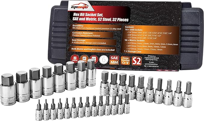 EPAuto 32 PCs Hex Bit Socket Set, SAE and Metric, S2 & Cr-V Steel