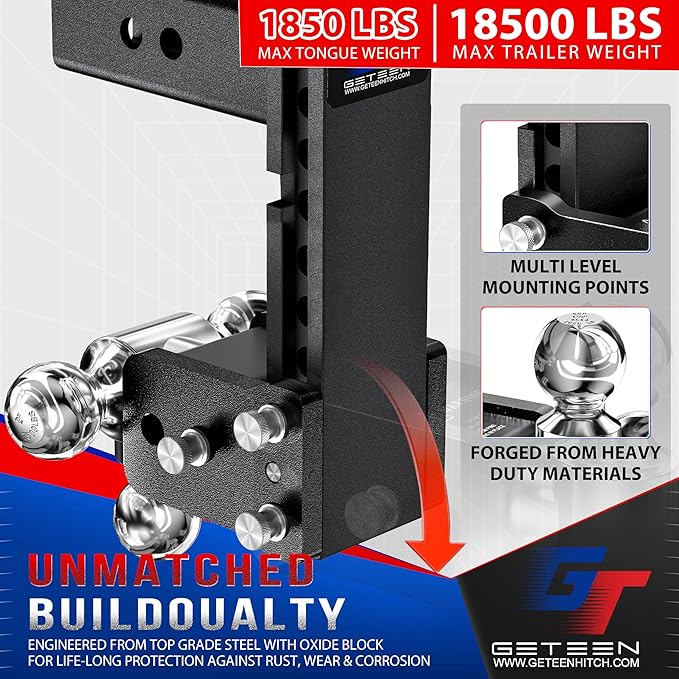Geteen Trailer Hitches, Adjustable Trailer Hitch Ball Mount - Fits 2.0" Receiver, Tri-Ball (1-7/8" x 2" x 2-5/16"), 7" Drop, 10,000 GTW - GT20073B