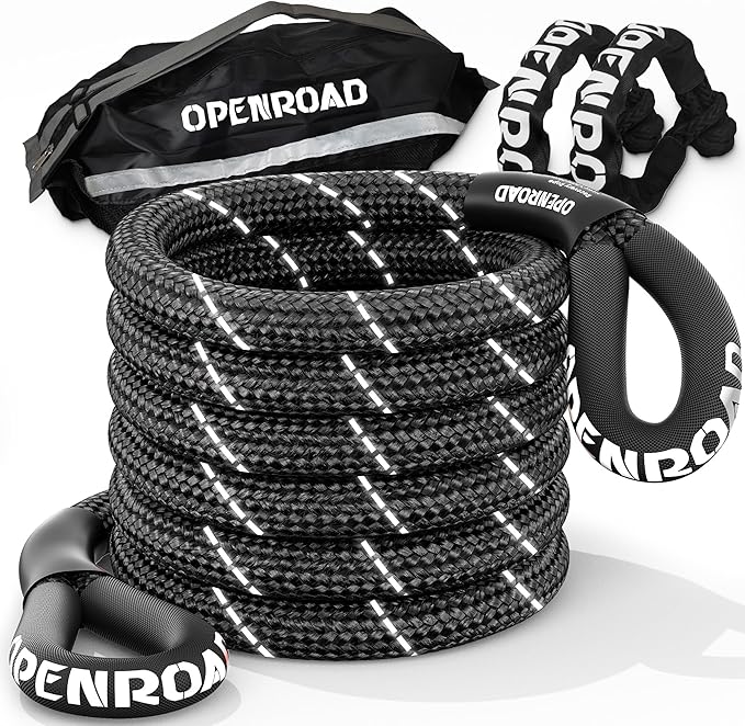 OPENROAD Kinetic Recovery Tow Rope, 4800 LBS (1in x 30ft with Soft Shackle) Extreme Duty 35% Elasticity Energy Offroad Snatch Strap, Vehicle Recovery Kit for Jeep Car Truck ATV UTV SUV