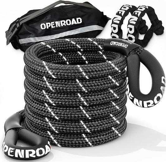 OPENROAD Kinetic Recovery Tow Rope, 4800 LBS (1in x 30ft with Soft Shackle) Extreme Duty 35% Elasticity Energy Offroad Snatch Strap, Vehicle Recovery Kit for Jeep Car Truck ATV UTV SUV