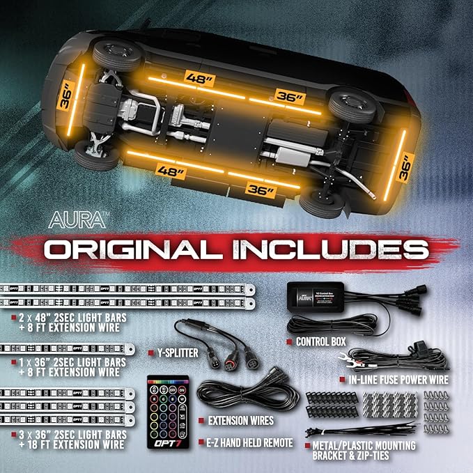 OPT7 Aura Aluminum Underglow for RV Exterior Lights w/Remote Control, 12V LED Waterproof Light Bars, Camper Van Neon Underbody Music Lighting Kit, RGB Multicolor Motorhome Travel Trailer Decoration