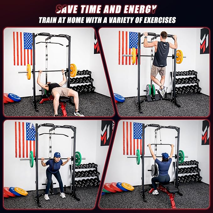 Compact Smith Machine Home Gym - 800lb Barbell Sleeve, Space-Saving Power Cage with LAT Pulldown, Power Rack 5-in-1, 1500lb Capacity for Garage & Small Spaces, P70