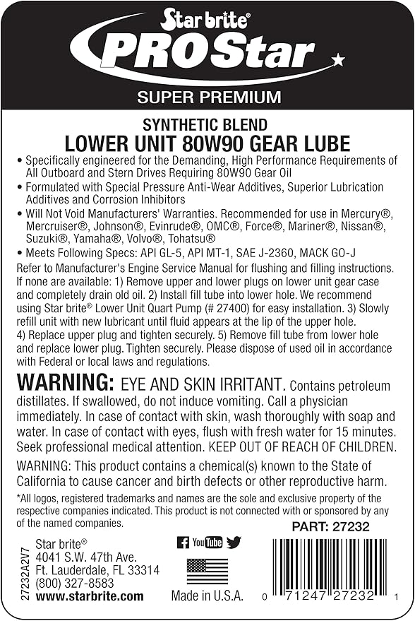 STAR BRITE Star Tron Synthetic Blend Lower 80W-90 Unit Gear Lube - Marine Grade, High Viscosity Gear Oil for Outboard Motors, 32 Ounce Quart (027232)