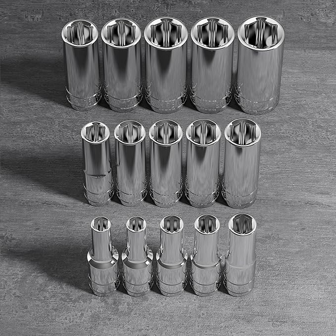 Olsa Tools Metric Deep Socket Set - 3/8-Inch Drive, 15pc - 6-Point Chrome Sockets from 6mm–20mm and No Skipped Sizes - Mechanic Deep Metric Socket Set - Professional Grade Long Sockets - Part: 1316