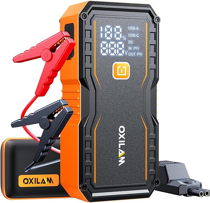 OXILAM 20000mAh Jump Starter for All Gas & Diesel Engines, 9000A Battery Jumper Starter Portable, 12V Jump Box with Quick Charger, Extended Jumper Cable, LED Display, USB, DC, Type C Port & LED Light