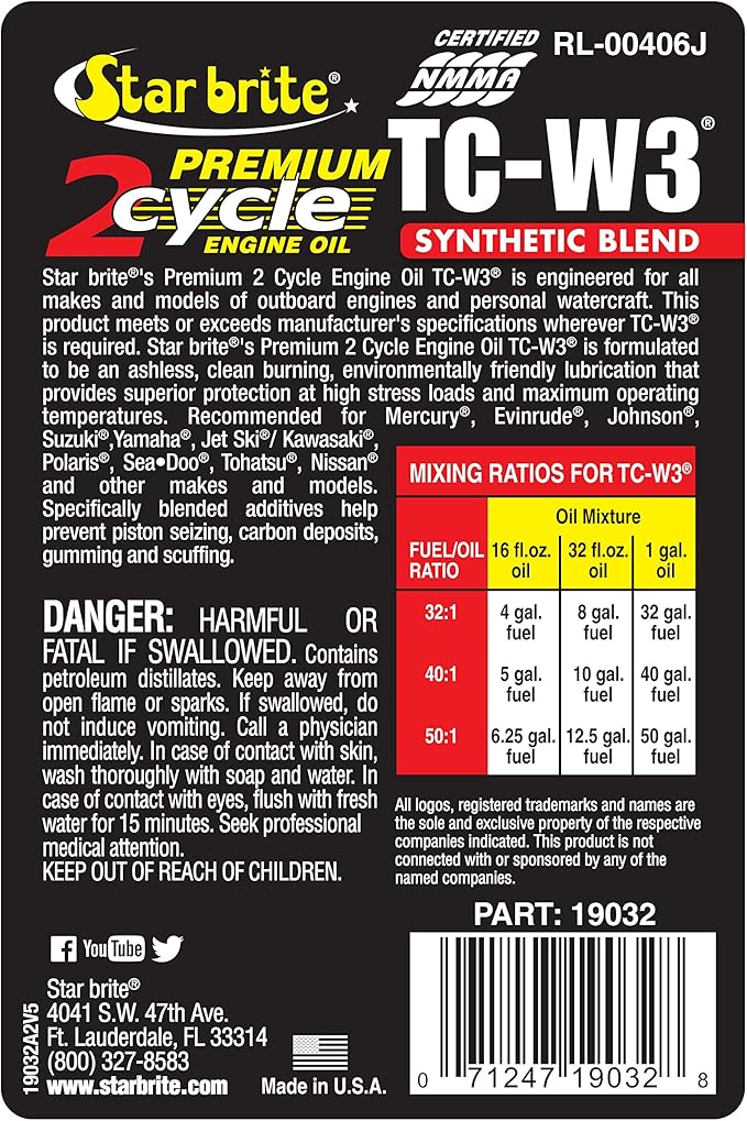 STAR BRITE Premium 2-Cycle Engine Oil TC-W3 - High-Grade Synthetic Blend for All 2-Stroke Outboard Motors, Personal Watercraft & High-Performance Engines