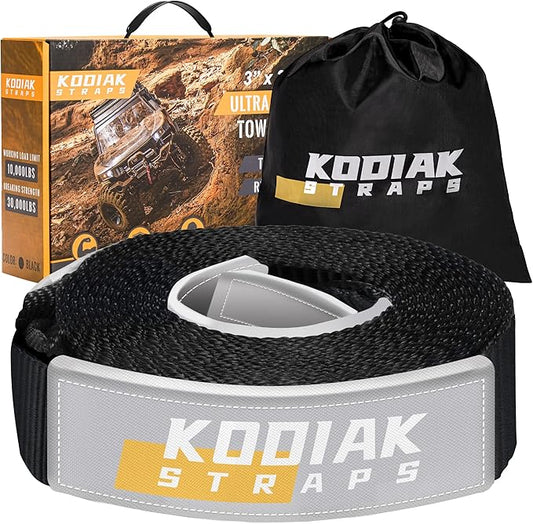 KODIAK STRAPS Tow Strap – 3'' x 30ft Car Tow Straps Heavy Duty with 35,000 lbs. Break Strength and Reinforced Loops Emergency Rope Off Road Recovery Equipment Towing Straps Draw String Bag Included