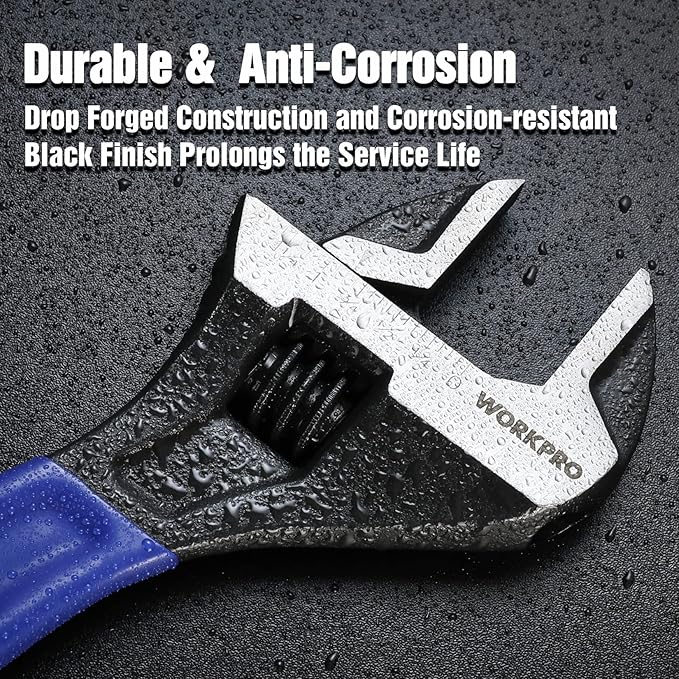 WORKPRO 10-Inch Adjustable Wrench, Cr-V Steel Wide Jaw Black Oxide Wrench, Metric & SAE Scales, for Home, Garage, Workshop and DIY
