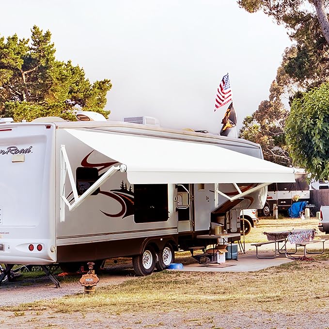 Awnlux White Motorized Modular Retractable RV Awning Full Set Assemblies for RV, 5th Wheel, Travel Trailers, Toy Haulers, and Motorhome - RV Trailer Awning for Home or Camper - 15x8 Ft - Solid White