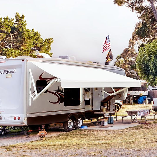 Awnlux White Motorized Modular Retractable RV Awning Full Set Assemblies for RV, 5th Wheel, Travel Trailers, Toy Haulers, and Motorhome - RV Trailer Awning for Home or Camper - 12x8 Ft - Solid White