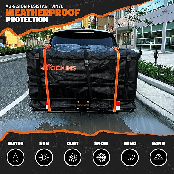 Mockins 6" Raised Shank Folding Luggage Rack 48"x20"x6" & 15 Cu Ft Waterproof Cargo Bag | Heavy-Duty 500 Lbs. Capacity Trailer Hitch Cargo Carrier for SUV Car Truck ATV & More w/Accessories