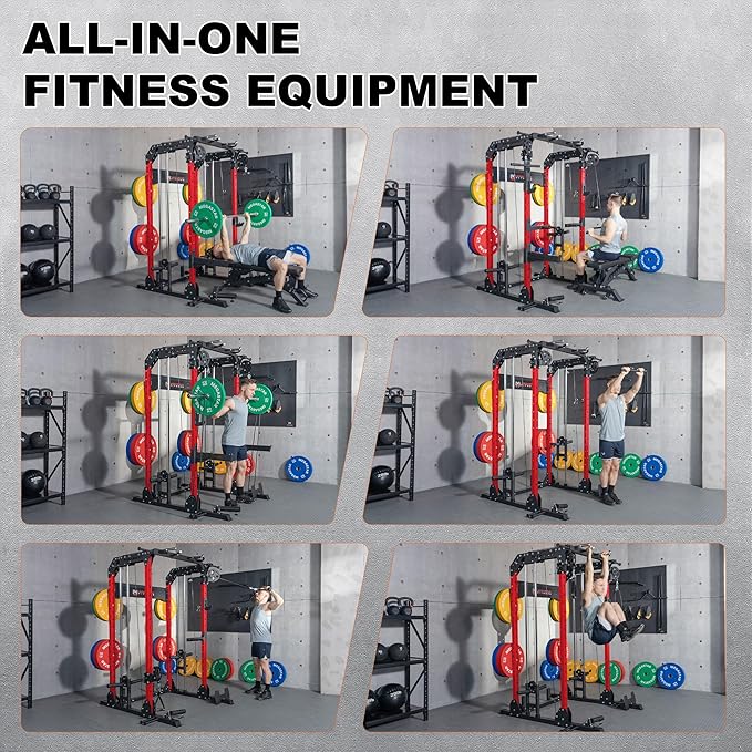 Power Rack Home Gym with Aluminum Pulley Set – 2000LB Capacity Multifunction Squat Rack with Cable Crossover, Includes 16 Professional attachments for Home Gym Strength Training, P63 Rampage