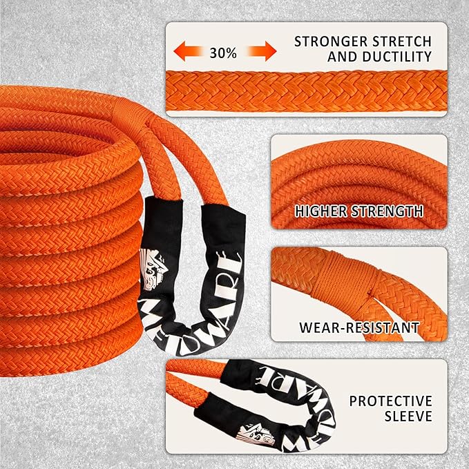 METOWARE Kinetic Recovery Rope (1’’ x 20ft) 35,000 LBS Offroad Tow Kit with 1/2inch x 22 Inch Soft Shackles, Heavy Duty Towing Rope Kit for UTV, ATV, Truck, Car