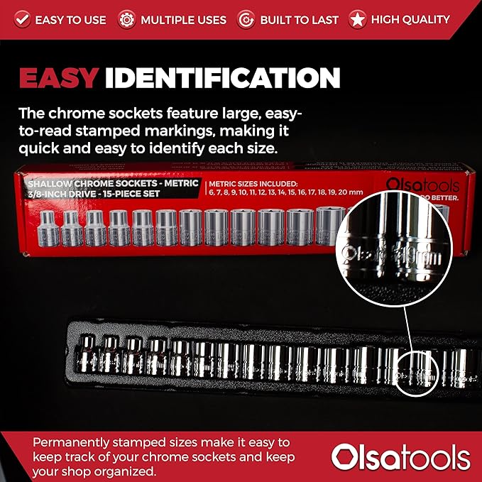 Olsa Tools Metric Shallow Socket Set - 3/8-Inch Drive, 15pc - 6-Point Chrome Sockets from 6mm–20mm and No Skipped Sizes - Mechanic Shallow Metric Socket Set - Professional Grade Sockets - Part: 1331