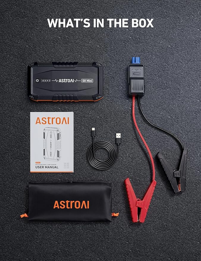 AstroAI S8 Mini Car Battery Jump Starter, 12V Portable Car Starter for Up to 6.0L Gas/3.0L Diesel Engine, Auto Battery Booster Pack, Lithium Jump Box with Jumper Cables & LED Light (Orange)