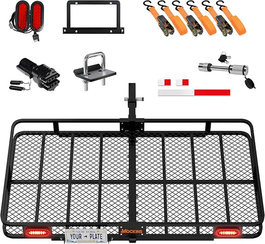 Mockins XXL 72"x36"x6" Folding Trailer Hitch Cargo Carrier w/Rear Lights & License Plate Bracket | Weatherproof Steel Luggage Rack for SUV Car & Truck | 500Lbs. Cap Cargo Hitch Carrier w/Accessories
