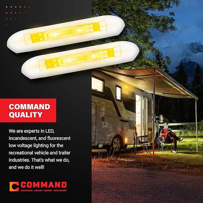 Command Electronics 12V LED Exterior Extruded Porch Light – Surface Mount Utility – IP67 Rating OEM RV, Camper, Bus, Truck, & Trailer – 8"x1.4"x1.4" – White Case/Amber Light 2-Pack