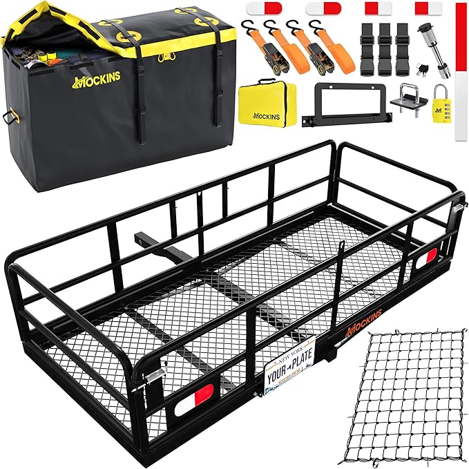 Mockins 60"x24"x14" High Rail Trailer Hitch Cargo Carrier w/License Plate Holder & 30 Cu.Ft. Waterproof Cargo Bag | All-Weather 500 Lbs. Cap Foldable Luggage Rack for SUV Truck & Car Carrier Storage