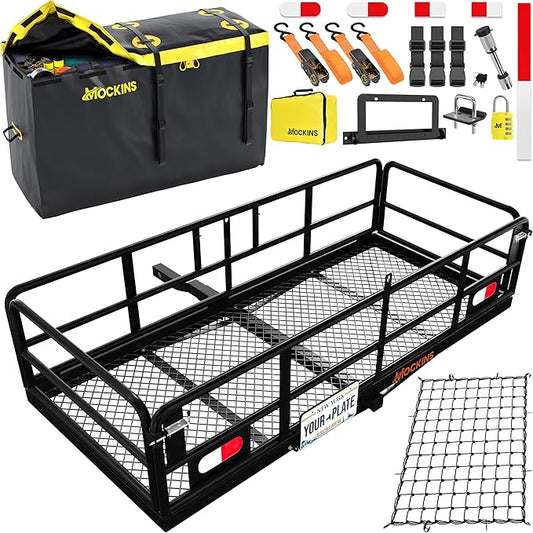 Mockins 60"x24"x14" High Rail Trailer Hitch Cargo Carrier w/License Plate Holder & 30 Cu.Ft. Waterproof Cargo Bag | All-Weather 500 Lbs. Cap Foldable Luggage Rack for SUV Truck & Car Carrier Storage