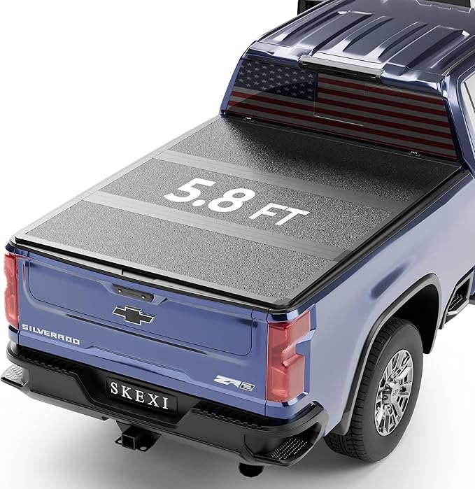 FRP Tonneau Cover Truck Bed for Chevy Silverado/GMC Sierra 1500 5.8ft Bed 19-25, Hard Tri Fold Heavy-Duty Locking Drill-Free Install Dustproof Waterproof Fiberglass Anti-Theft Security (69.3")