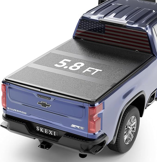 FRP Tonneau Cover Truck Bed for Chevy Silverado/GMC Sierra 1500 5.8ft Bed 19-25, Hard Tri Fold Heavy-Duty Locking Drill-Free Install Dustproof Waterproof Fiberglass Anti-Theft Security (69.3")
