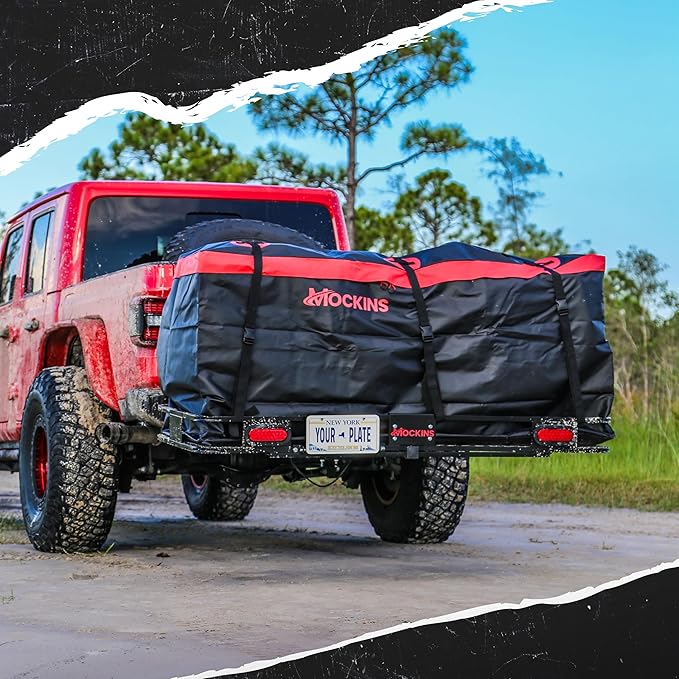 Mockins XXL 70"x30"x6" Folding Trailer Hitch Cargo Carrier w/Rear Lights, License Plate Bracket & 40 Cu Ft Waterproof Cargo Bag for Hitch Carrier | 500 Lbs Cap Car Trailer Basket Set w/Accessories