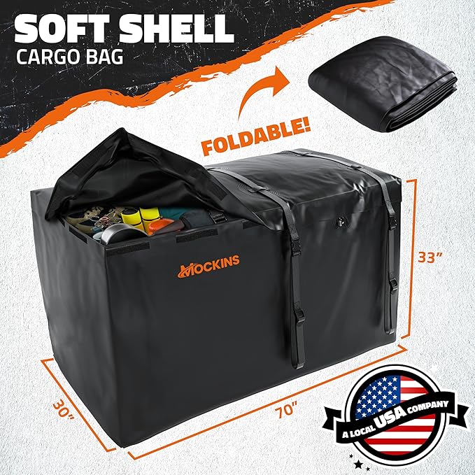 Mockins XXL 40 CuFt Hitch Cargo Carrier Bag Waterproof & All-Weather Set | 70"x30"x33" Abrasion-Resistant Vinyl Cargo Bag for Hitch Carrier | Vehicle Soft-Shell Carriers w/Straps, Lock, & Carry Bag