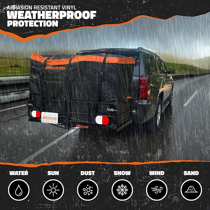 Mockins 30 Cu.Ft. Trailer Hitch Cargo Carrier Bag | 60"x24"x36" Waterproof Cargo Bag for Hitch Carrier & 6 Packing Cubes 29"x23"x12" | Weatherproof Vehicle Soft-Shell Carriers w/Buckle Straps & Lock