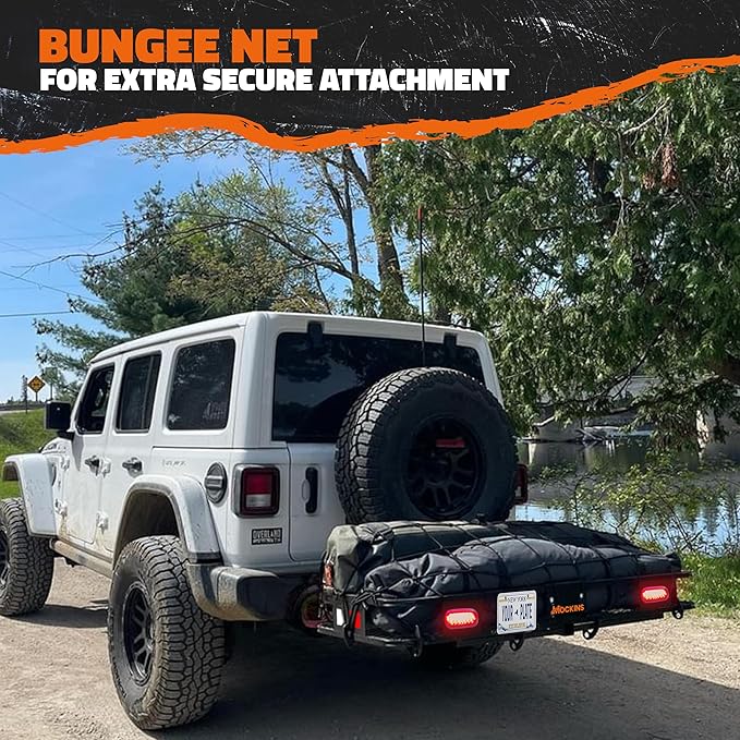 Mockins 60"x20"x6" Heavy Duty Trailer Hitch Cargo Carrier w/License Plate Holder, Rear Lights, & More | 500 Lbs Cap Cargo Carrier Hitch Mount Basket | Folding Luggage Rack for SUV, Car, Truck, & RV