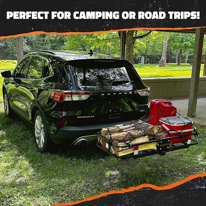 Mockins 6" Raised Shank Folding Luggage Rack 48"x20"x6" & 15 Cu Ft Waterproof Cargo Bag | Heavy-Duty 500 Lbs. Capacity Trailer Hitch Cargo Carrier for SUV Car Truck ATV & More w/Accessories
