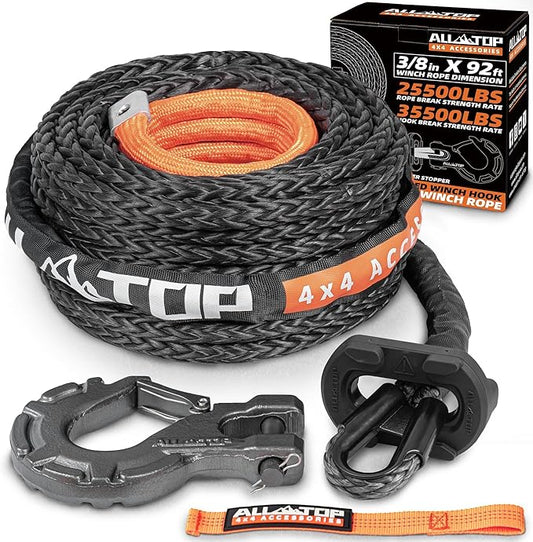 ALL-TOP Synthetic Winch Rope w/Hook & Isolator, 3/8in x 92ft, 25500Lbs UHMWPE Cable Replace Kit, Forged Hook & Rubber Stopper & Safety Pull Strap