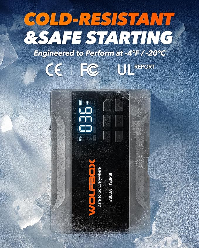 WOLFBOX 2000A Jump Starter with Air Compressor, 10000mAh Car Battery Jumper Starter Portable (up to 5L Gas Engine) with 150PSI Tire Inflator, 12V Jump Box with Jumper Cables, Boost, LED Light